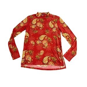 Johnny Was mock neck Top Womens XS Orange Paisley Long Sleeve Boho Chic